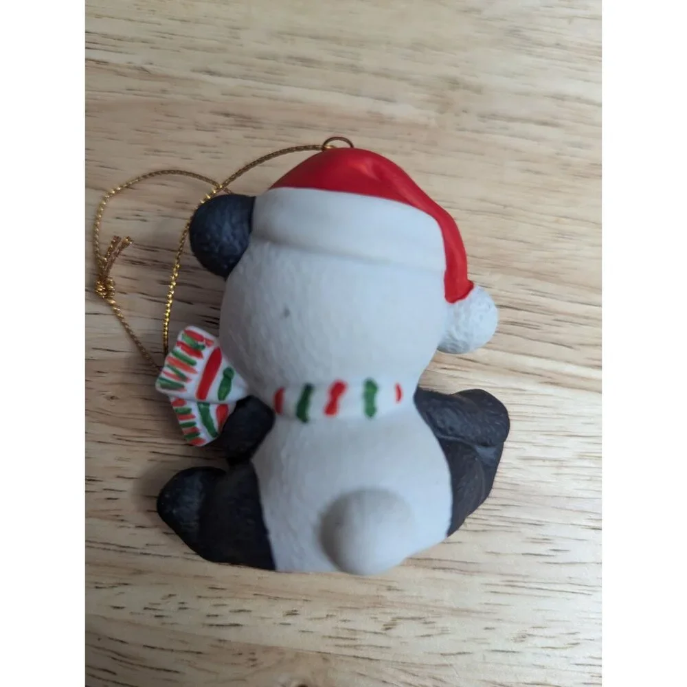 Russ ceramic Christmas Santa hat scraf Panda‎ bear hanging ornament 3 inch 80s